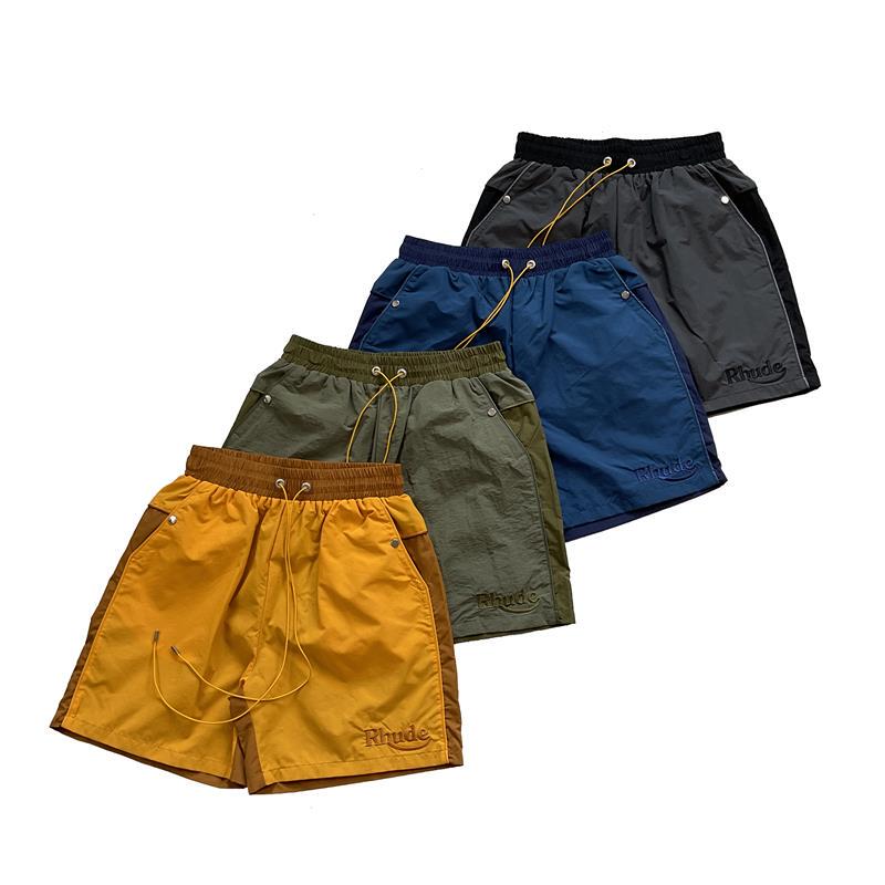 Rhude American Trendy High Street Retro Summer Men's and Women's Sports Color-Blocked Embroidered Letters Woven Quick-Drying Casual Shorts