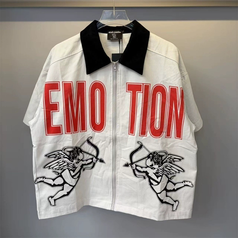 Mixed Emotion Archery Cupid Letter Print Trendy High Street Casual Cardigan Lapel Short Sleeve Shirt