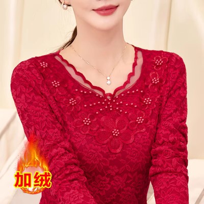 Fleece-Lined and Thickened Lace Base Shirt for Women, Suitable for Layering in Autumn and Winter, Plus-Size, Stylish Top for Middle-Aged Mothers, Low-Neck, Warm Top