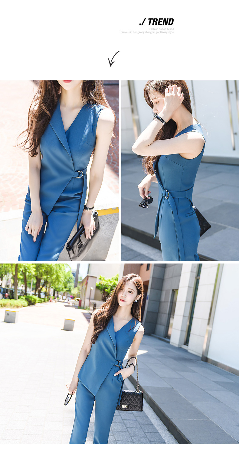 VK旗艦店 韓國風V領無袖連身褲修身鉛筆褲OL職業套裝無袖褲裝