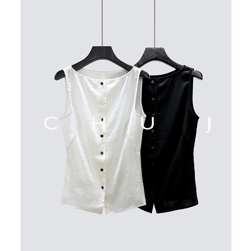 Chu Jian Original Design Women's Linen Old Money Style Top, Elegant and Simple Boat Neck Sleeveless Vest Shirt Chu Jian Original Design Women's Linen Old Money Style Top, Elegant and Simple Boat Neck Sleeveless Vest Shirt