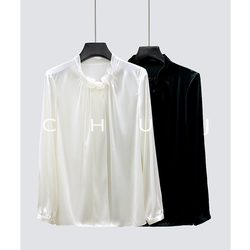 Chu Jian Original Design Women's Heavy Silk Top with Elegant Lace Collar and Stretch Satin Shirt