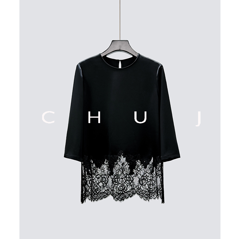 Chu Jian Original Design Japanese Satin Acetate Top for Women, Elegant and Slimming Lace Splicing Three-Quarter Sleeve Shirt Chu Jian Original Design Japanese Satin Acetate Top for Women, Elegant and Slimming Lace Splicing Three-Quarter Sleeve Shirt