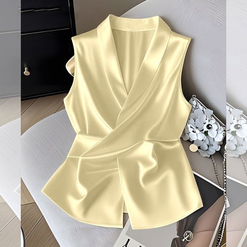French-Style Satin Waist-Cinching Sleeveless Shirt for Women, Summer Design with Cross-Tie Tank Top, Elegant Mulberry Silk Shirt