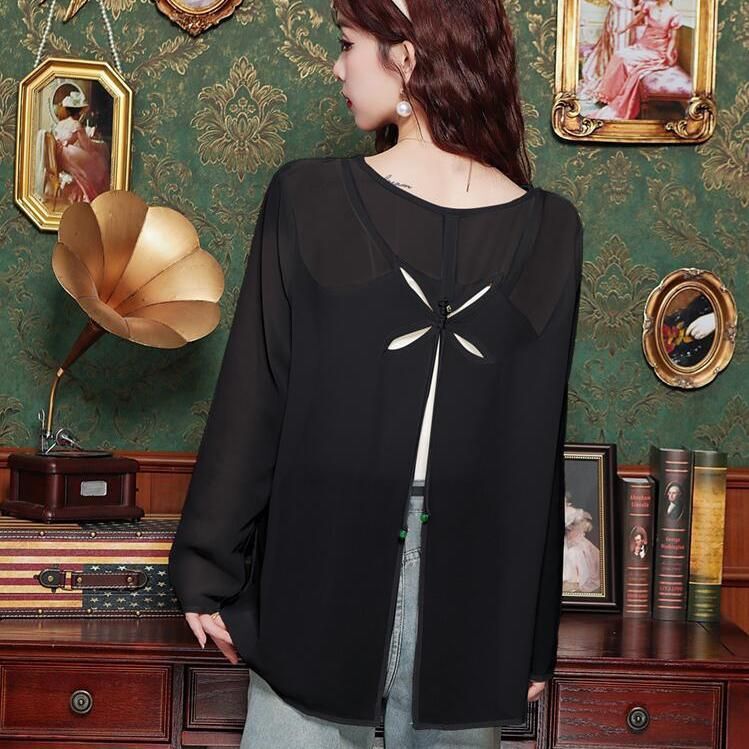 French-Style Back Bow Tie Hollow-Out Sun Protection Shirt for Women, Summer Niche Loose Slimming Chiffon Blouse Top French-Style Back Bow Tie Hollow-Out Sun Protection Shirt for Women, Summer Niche Loose Slimming Chiffon Blouse Top