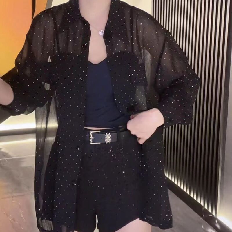 Sequined Trendy Shirt, Loose-Fitting, Chic and Stylish, Slimming, Elegant, Korean Style, Long-Sleeved Sun Protection Top for Women