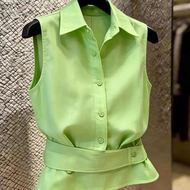 Fashionable High-End Exquisite Green Polo Collar Sleeveless Vest Shirt for Women, New Summer Versatile Niche Slim-Fit Shirt Fashionable High-End Exquisite Green Polo Collar Sleeveless Vest Shirt for Women, New Summer Versatile Niche Slim-Fit Shirt