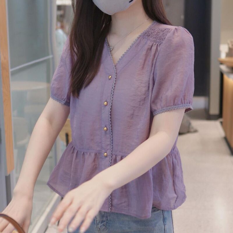 Korean Fashion Age-Reducing Lace Trim Puff Sleeve V-Neck Blouse for Women 2026 Summer New Loose Versatile Top