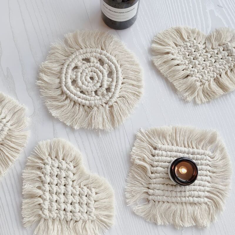 Scandinavian Hand-Woven Coasters ins White Cotton and Linen Tassel Insulation Pads Desktop Simple Decoration Heart-Shaped Rectangular