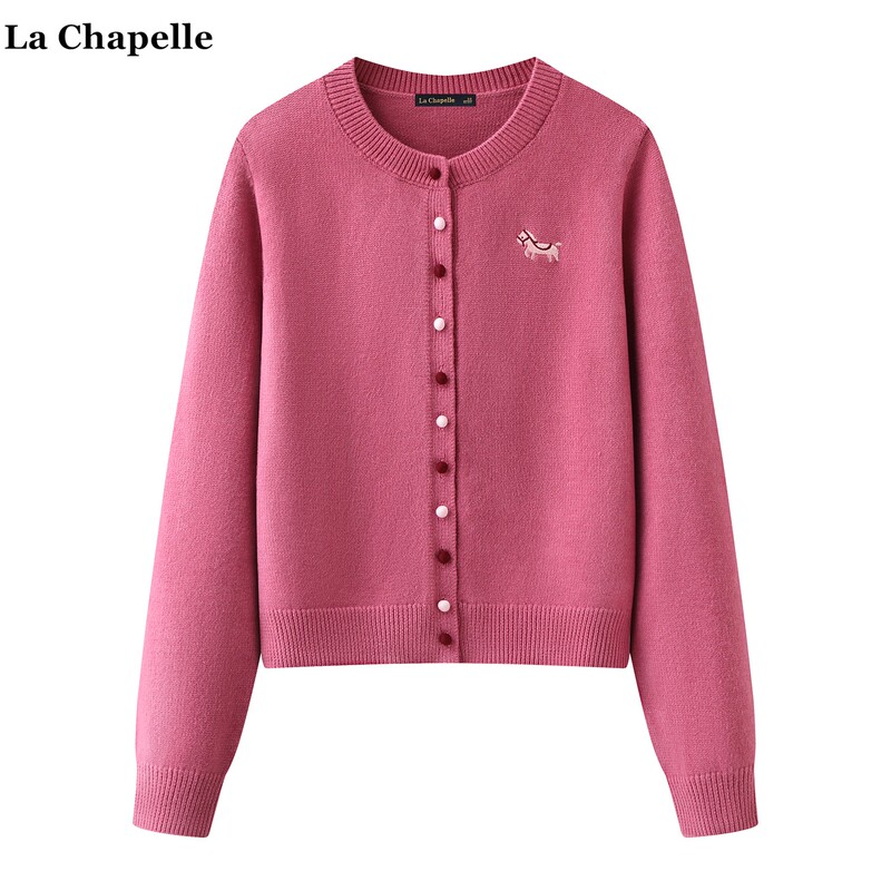 La Chapelle Little Horse Embroidered Knitted Cardigan for Women 2026 Spring and Autumn New Round Neck Sweater