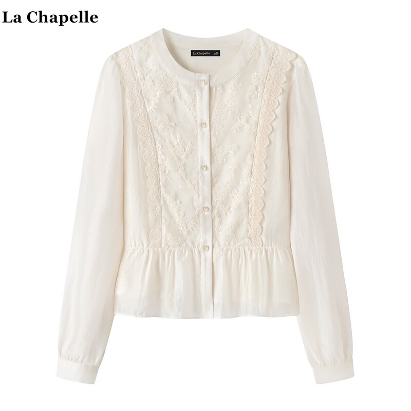 La Chapelle French Lace White Shirt for Women, Autum Elegant Ruffled Long-Sleeved Top