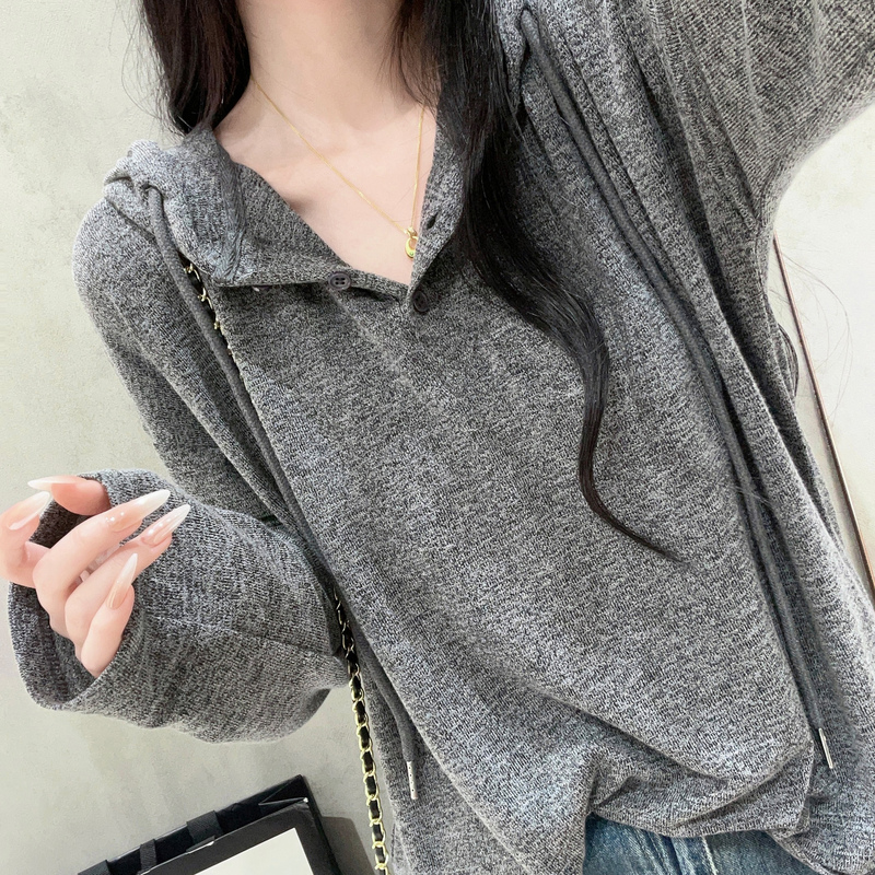 Gray Hooded Knit Sweater for Women 2026 Autumn and Winter New Style Lazy Loose Versatile Slimming Casual Long-Sleeved T-Shirt Top