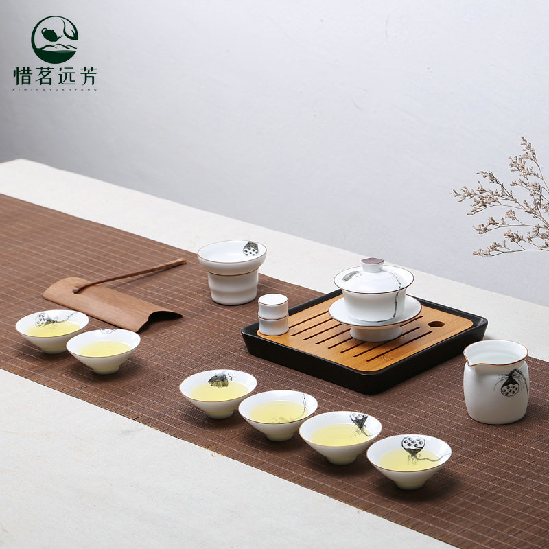 Tea set group Jingdezhen Hand Painted cellar Grease White Porcelain Kung Fu Tea Tea Set of Courtesy Box Ceramic Lid Bowl Tea Sea Cup