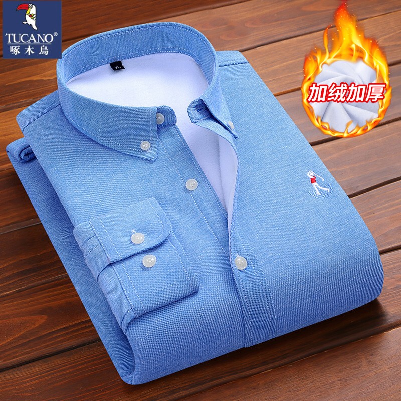 Woodpecker Winter Fleece-Lined Thickened Oxford Long-Sleeve Shirt Men's Business Casual Embroidered Warm Shirt Jacket