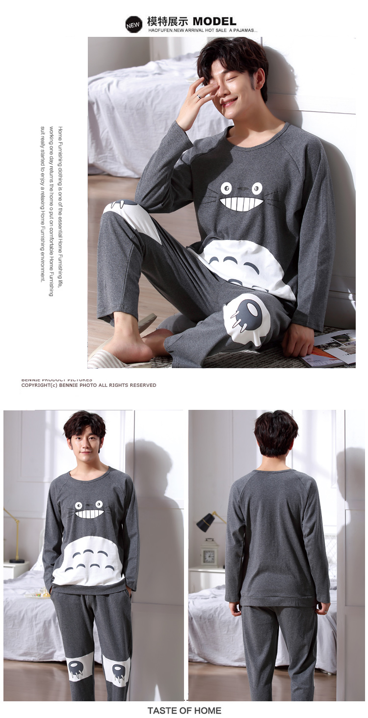 Đồ ngủ nam cotton dài tay mùa xuân và mùa thu hoạt hình thanh niên cotton mỏng phần dịch vụ gia đình cộng với phân bón XL bộ mặc nhà nam trung niên