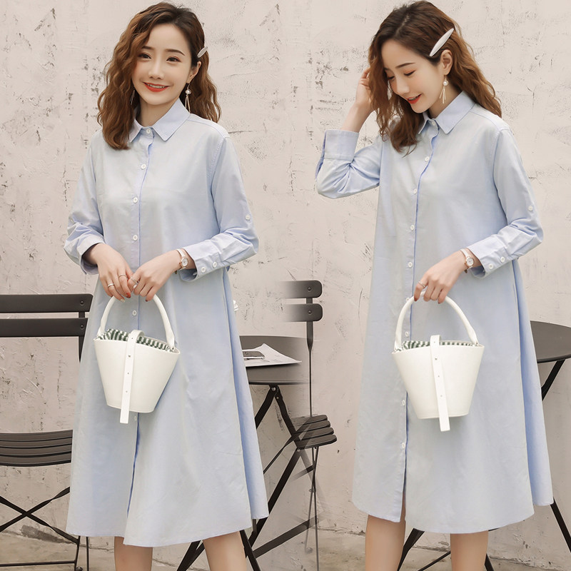 Pregnant women spring 2020 new shirt professional dress Korean version of the fashion cotton shirt foreign school long version of the shirt skirt