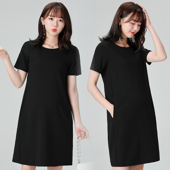 孕妇夏装连衣裙新款职业工作服韩版圆领中长款大码黑色短袖孕妇裙