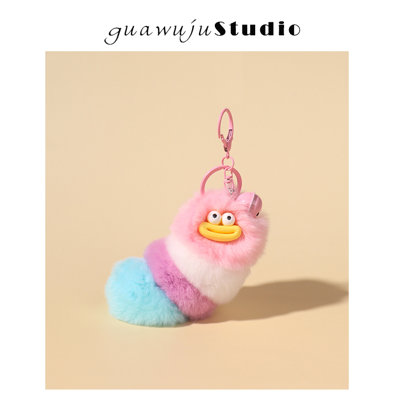 Real Rex Rabbit Fur Cute and Quirky Caterpillar Bag Pendant Car Keychain Decoration Ins-Style Bug Plush Toy
