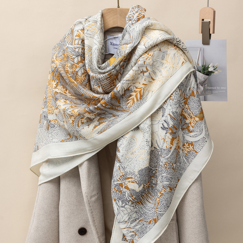 Tropical Rainforest Fubao Beige Silk Cashmere Scarf for Women, Winter Warm Silk Wool Square Scarf, High-End 130 Shawl