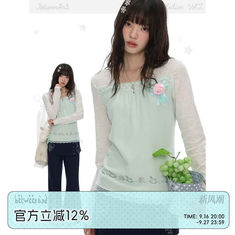 Betweenand'Unfading Flower' Autumn Gentle Two-Tone Square Neck Striped Patchwork Lace Top T-Shirt Long Sleeve Betweenand'Unfading Flower' Autumn Gentle Two-Tone Square Neck Striped Patchwork Lace Top T-Shirt Long Sleeve