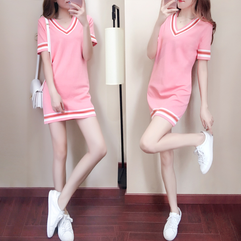 Hong Kong 2021 Summer Female Summer Ice Wire Dress College Wind - College Wind - College of Long - College V - collar Strip T - shirt