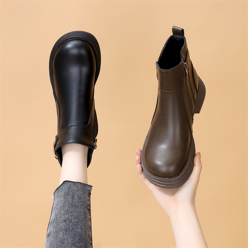 Slimming Low-Heeled Ankle Boots for Women, 2025 Autumn and Winter New Korean Style, Simple and Fashionable, Makes Feet Look Smaller, Fleece-Lined Martin Boots