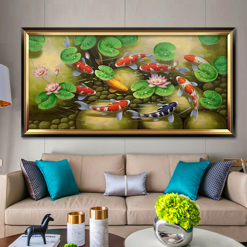Real hand painted oil painting Realistic Lotus Flowers and Carp Carp 9 Fish Tut Yokhang Painting Living Room Dining Room Dining Room tea Room Decorative Painting