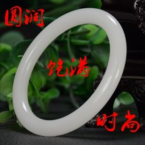 Gold silk jade bracelet womens classical bracelet Xinjiang sheep fat grade white jade bracelet Jade bracelet gemstone light round thin strip jade bracelet