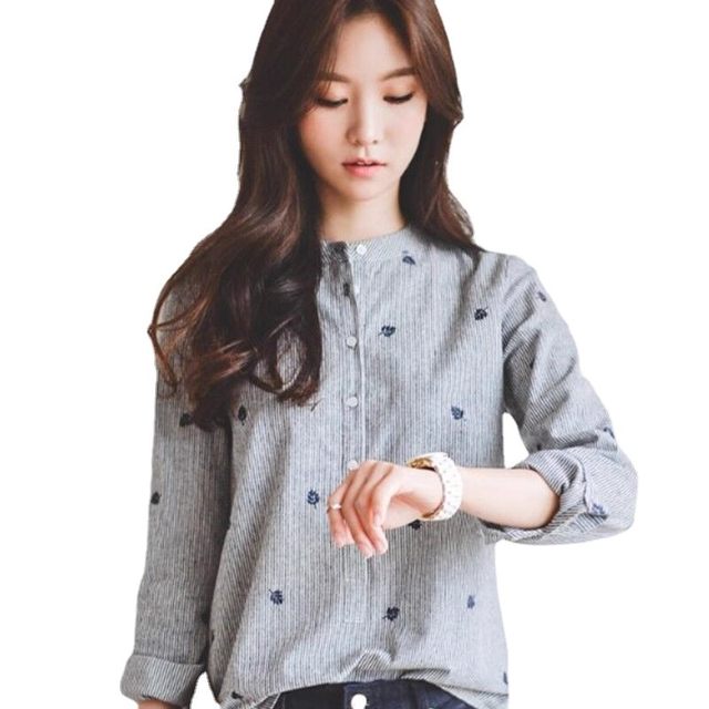 2024 ພາກຮຽນ spring ແລະລະດູຮ້ອນເກົາຫຼີ Dongdaemun Striped Stand Collar Cotton and Linen Shirt Women's Korean Style Shirt Long Sleeve Breathable Embroidered Top