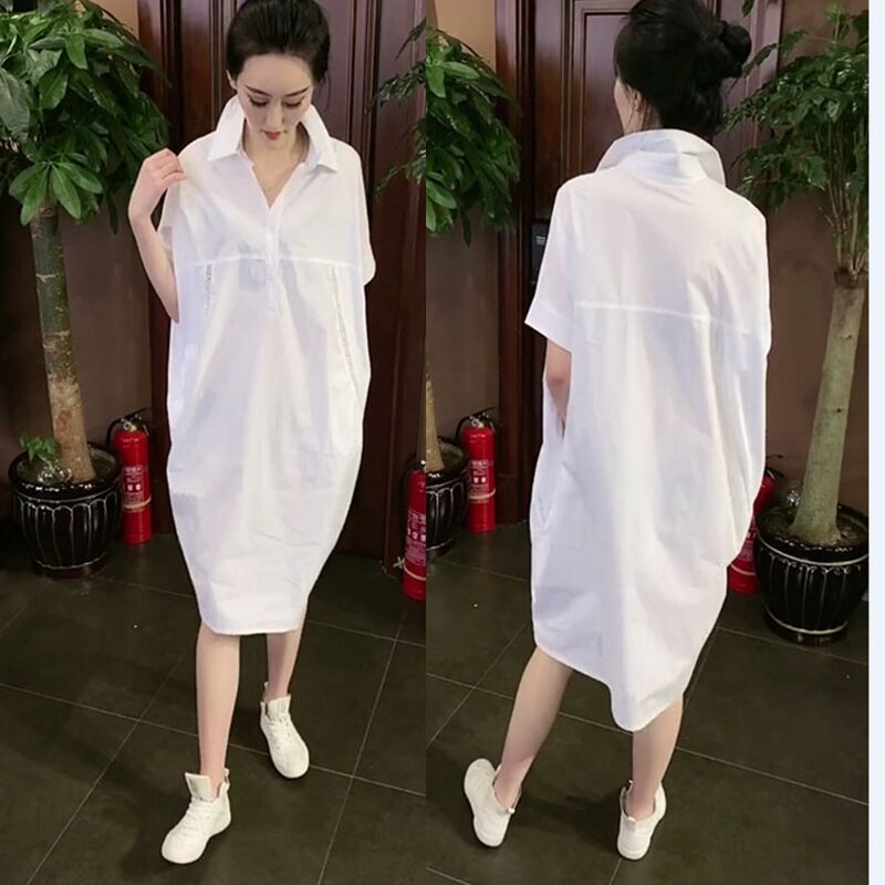 2026 Summer White Shirt for Women, Loose Bf Style, Oversized Cotton Mid-Length Plus Size Short-Sleeve Shirt, Korean Dongdaemun