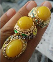 Natural chanterelle yellow old beeswax ring 925 silver rose gold inlaid 18k gold cloisonne womens amber ring