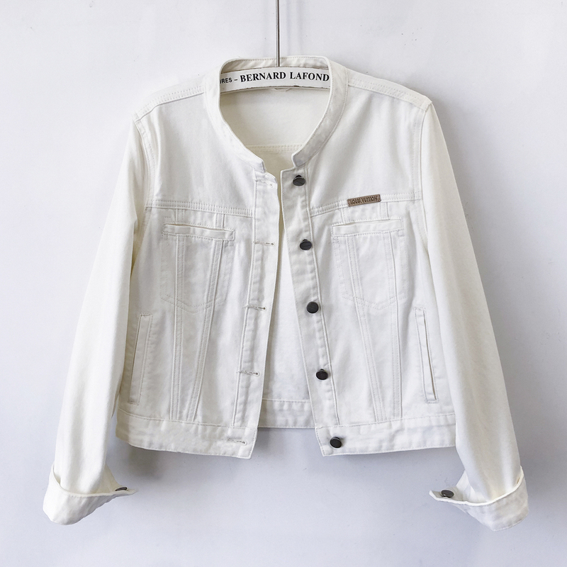 European Style White Stand-Up Collar Denim Jacket for Women, Short, Long-Sleeved, 2026 Spring and Autumn, Slimming, Casual, Regular Shoulder, Washed Jacket