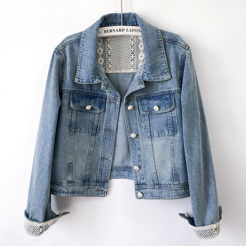 French Retro Blue Denim Jacket for Women, Long-Sleeved Lace Splicing, Slimming Jacket for Small People, 2026 Spring & Fall New Style