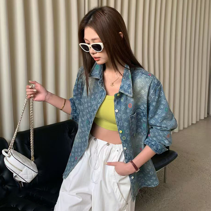 American Retro Jacquard Denim Shirt for Women, Long-Sleeved, Printed, Loose, Mid-Length, Trendy Brand Top, 2026 Spring and Autumn New Style