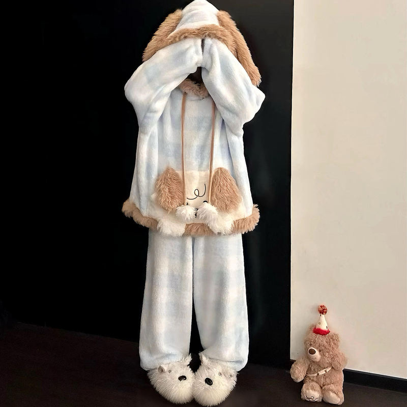 Cute Puppy Autumn and Winter Hooded Pajamas for Women, Fleece-Lined and Thickened, Coral Fleece Plush, Large Size Couple's Loungewear Set