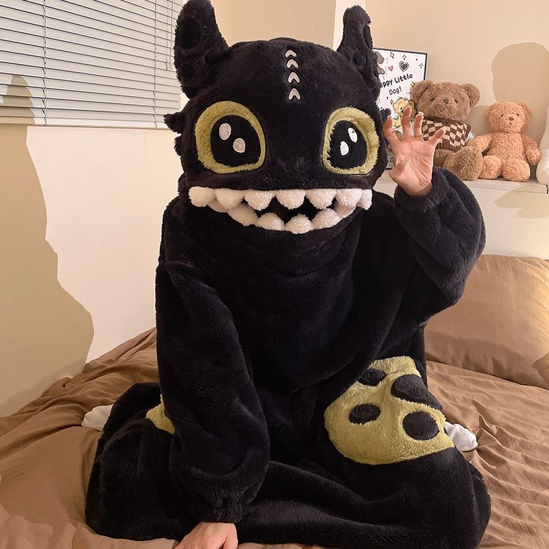 Toothless One-Piece Pajamas for Autumn and Winter, Thickened Coral Fleece, Cute Cartoon Quirky Abstract Hooded Oversized Loungewear