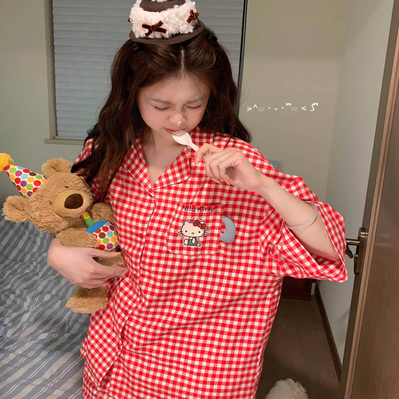 Hellokitty Pajamas for Women, Red Plaid Pure Cotton Cartoon Cute Hello Kitty Print Men's Large Size Home Wear Set