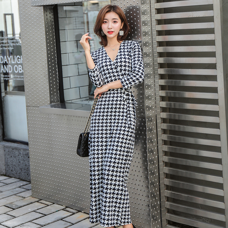 2026 Spring/Summer New Pg Dvf Dress V-Neck One-Piece Wrap Dress Houndstooth Print Beach Long Dress for Women