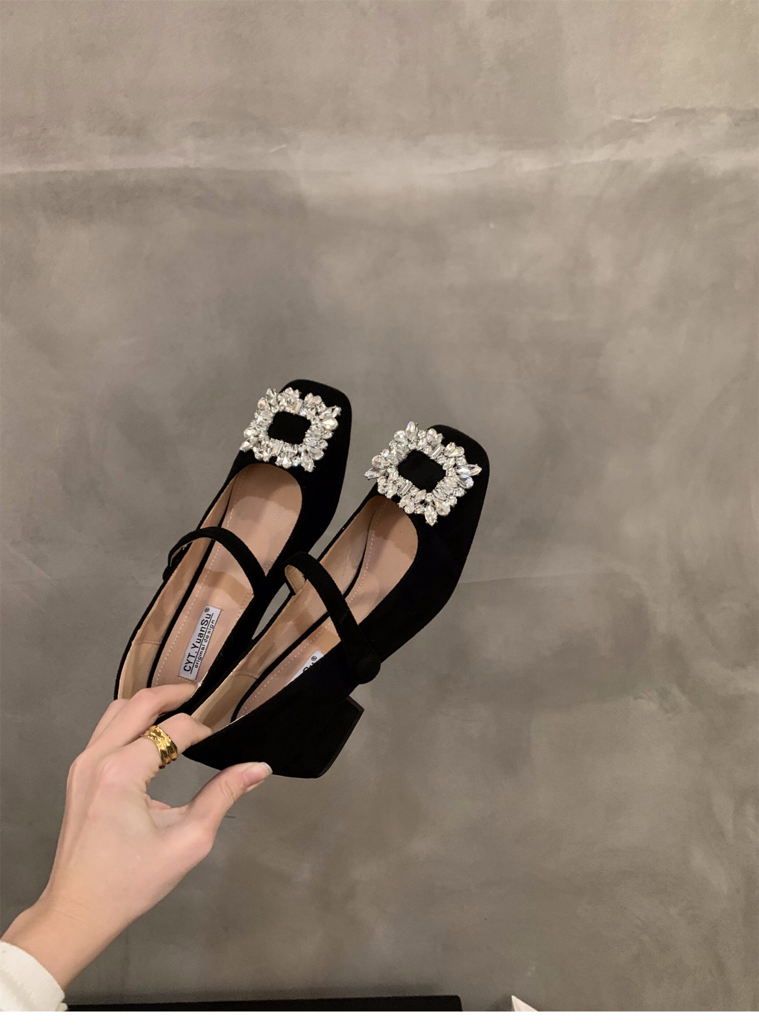 Туфли Мэри Джейн 法式中高跟黑色方头水钻单鞋女鞋子2024新款春秋冬季玛丽珍晚晚鞋