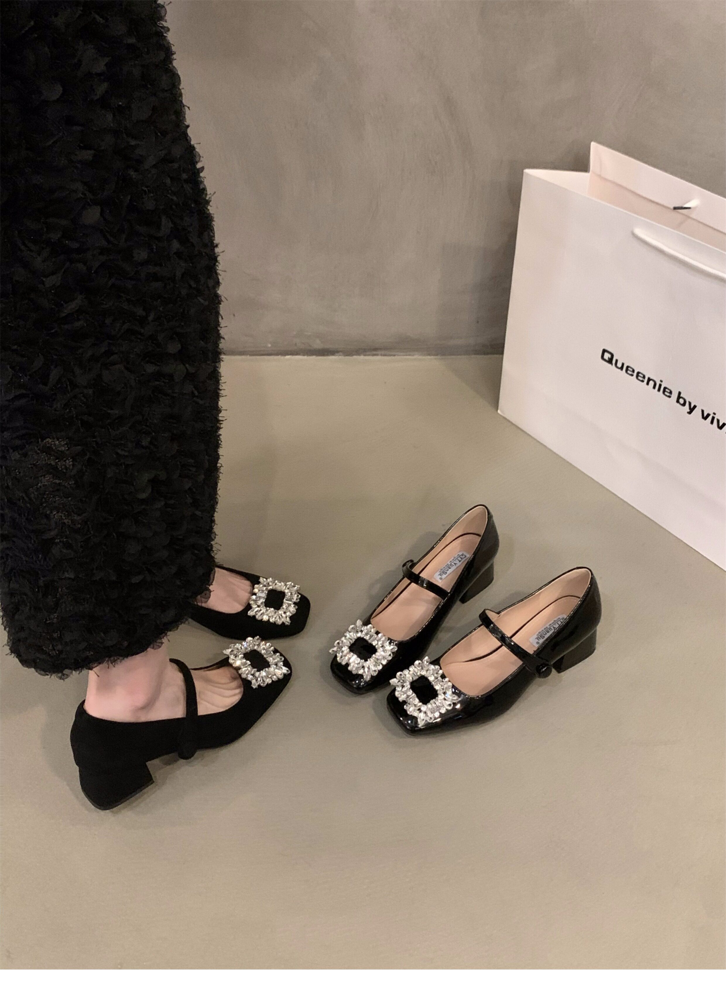 Туфли Мэри Джейн 法式中高跟黑色方头水钻单鞋女鞋子2024新款春秋冬季玛丽珍晚晚鞋