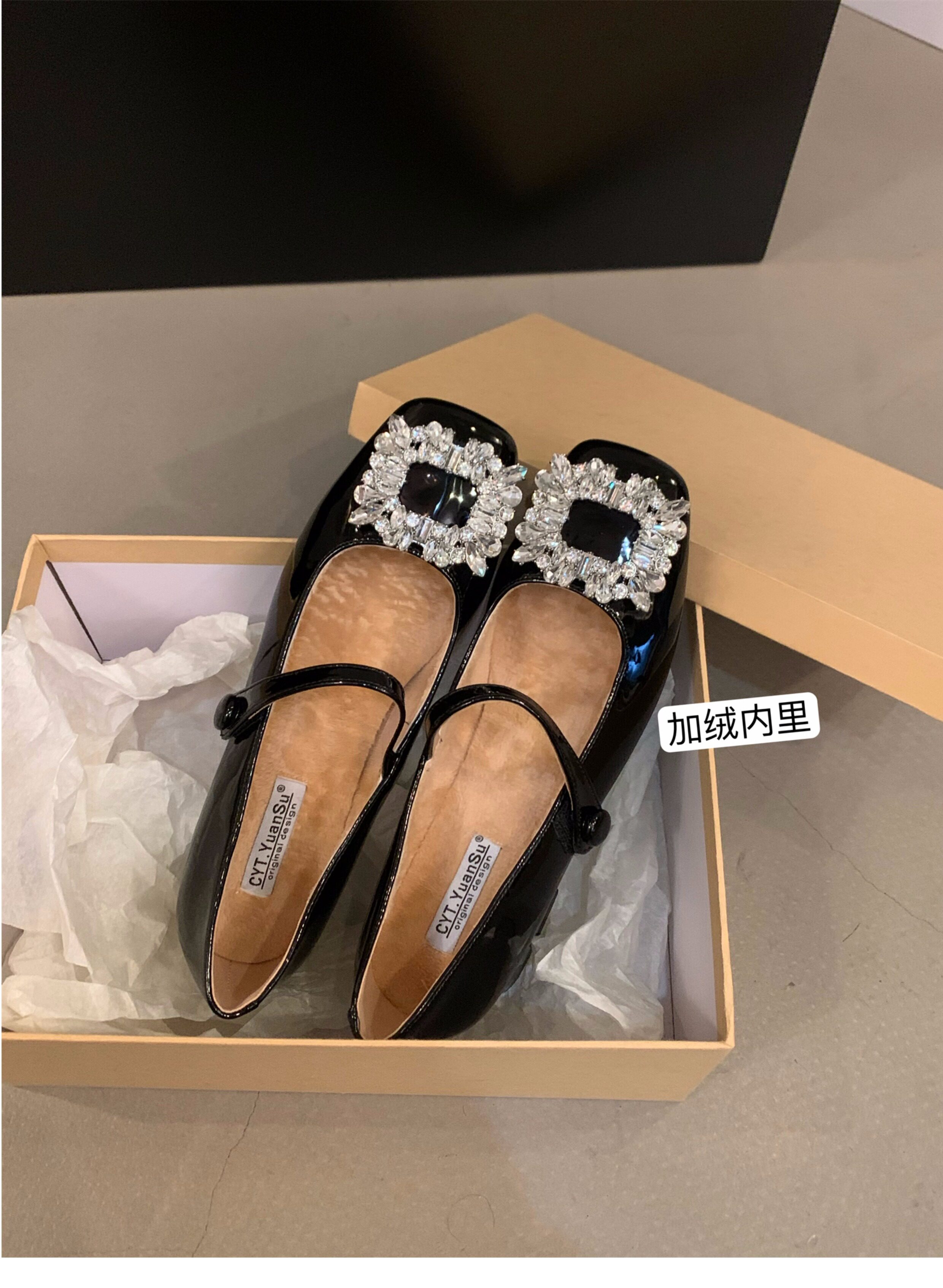 Туфли Мэри Джейн 法式中高跟黑色方头水钻单鞋女鞋子2024新款春秋冬季玛丽珍晚晚鞋