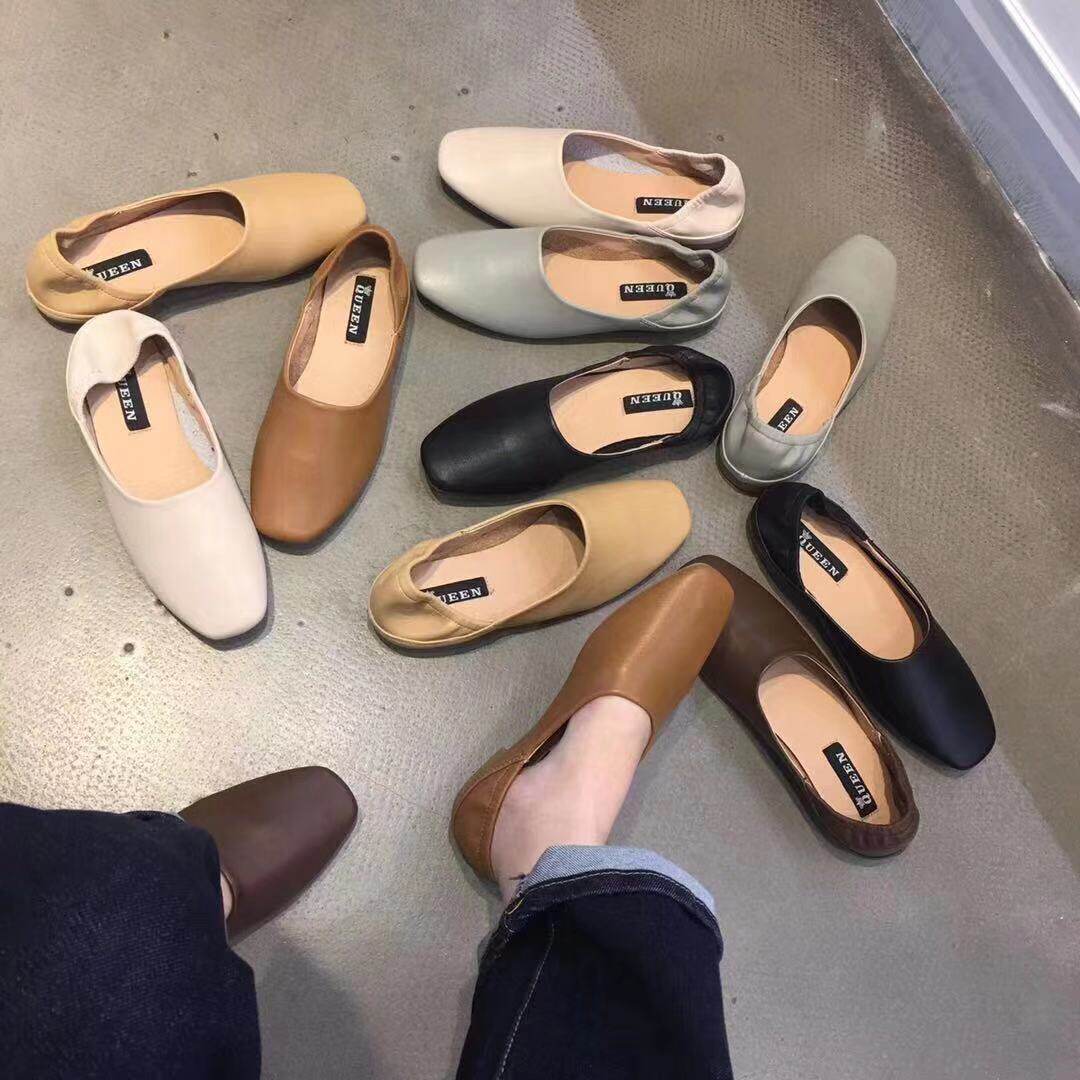 Flat peas shoes women's shoes 2022 autumn black square toe ballet slip on summer granny scoop shoes