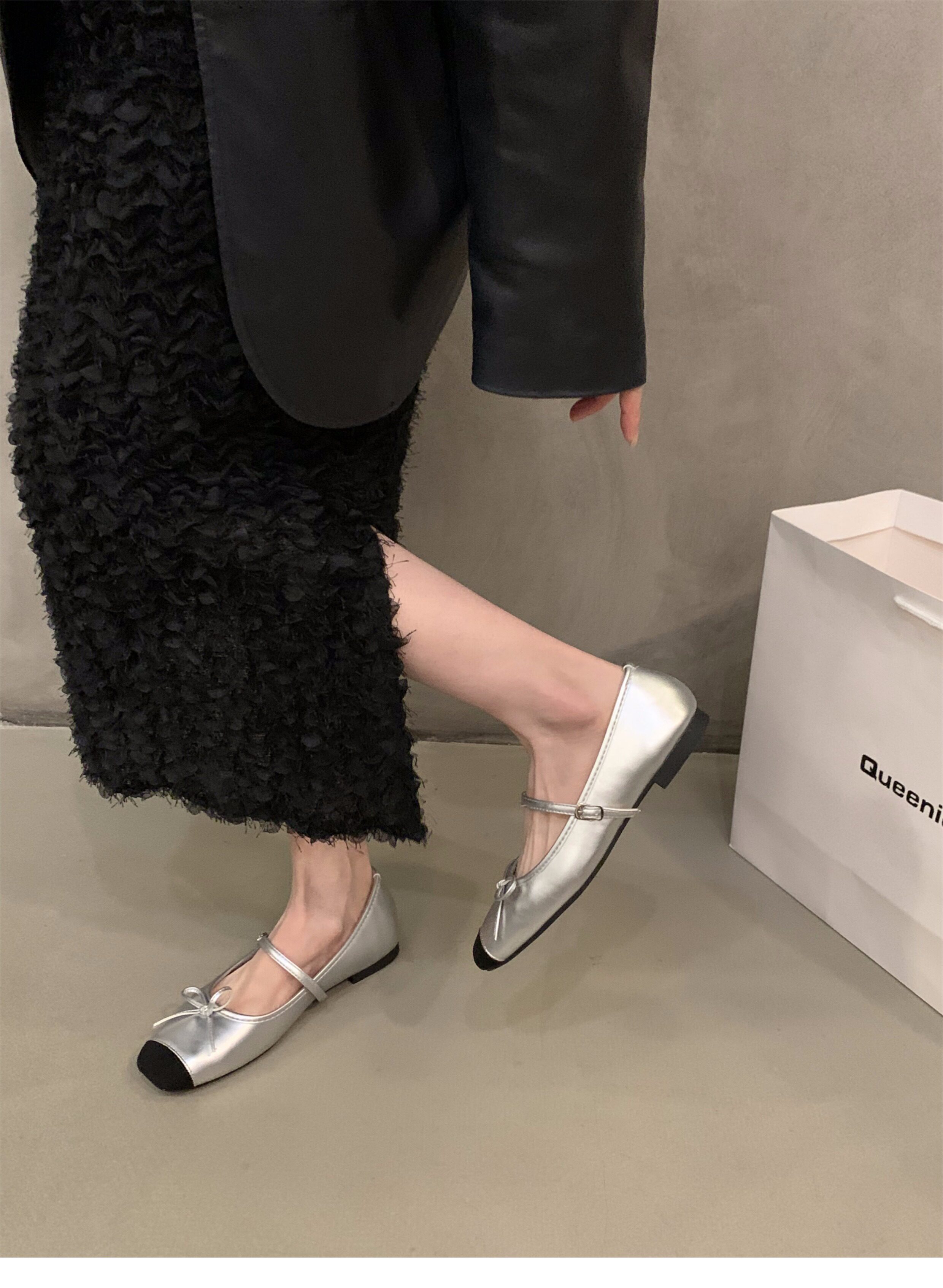 Туфли Мэри Джейн 法式平底小香风玛丽珍红色包鞋女鞋子2024年新款春秋季银色晚晚鞋