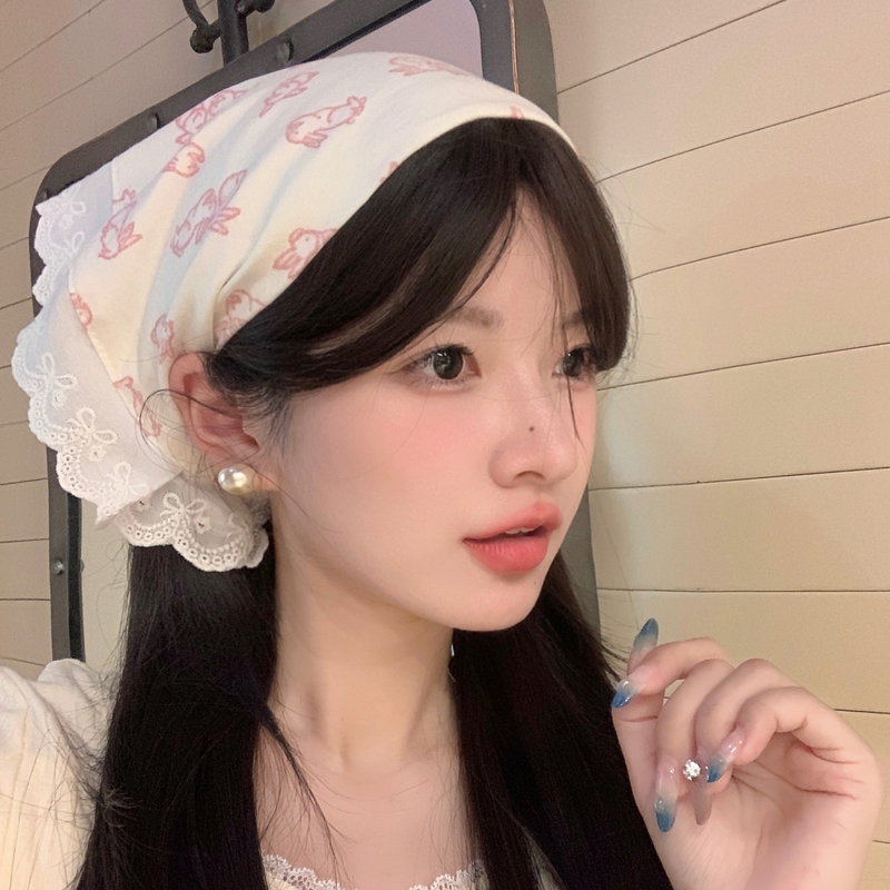 Chen Haha's Original Handmade//Sweet Little Rabbit Cartoon Lace Triangle Headscarf Spring and Summer Ins-Style Headscarf Hairband