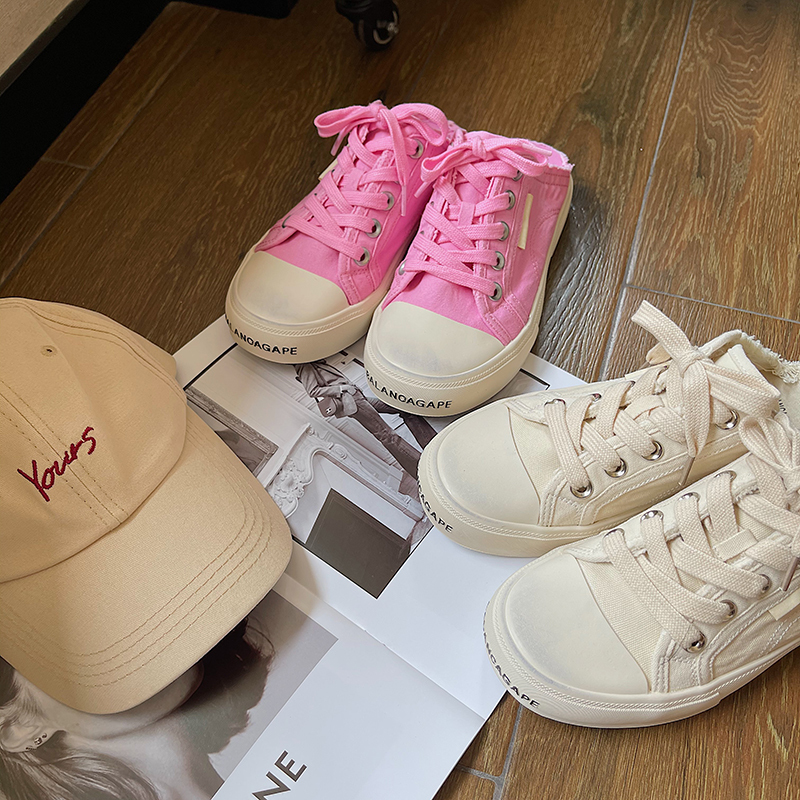 23Rd Summer New Style Washed Vintage Lace-Up Round Toe Parisian Casual Canvas White Distressed Half-Slip Mule Sneakers for Women
