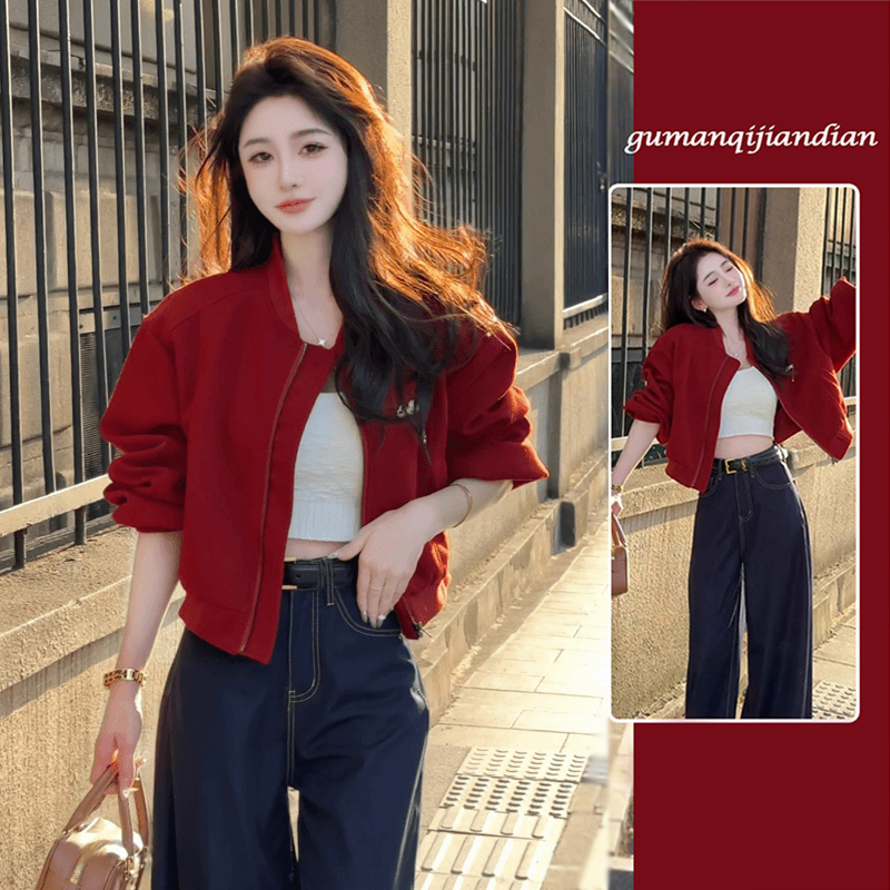 Chanel-Style Red Loose-Fitting Versatile Sweatshirt Jacket for Women, Early Autumn Short Baseball Jacket Cardigan