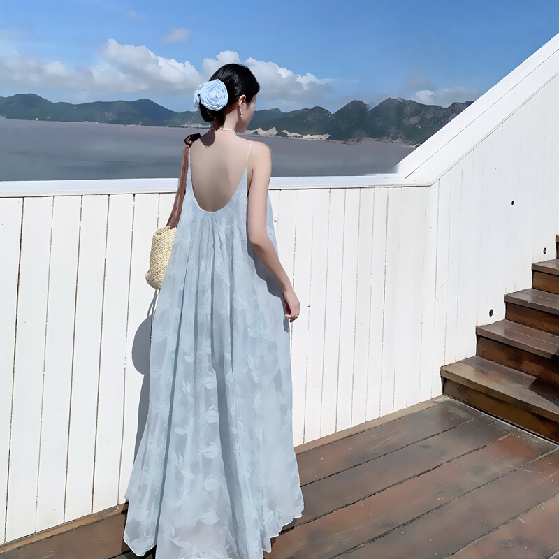 Blue Seaside Resort Style Suspender Dress with Backless Design, Sexy Jacquard Summer Dress, Slimming and Elegant Fairy Long Dress Blue Seaside Resort Style Suspender Dress with Backless Design, Sexy Jacquard Summer Dress, Slimming and Elegant Fairy Long Dress