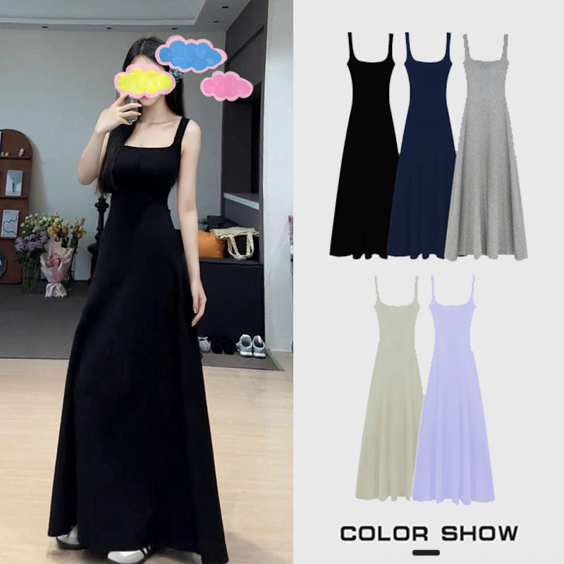High-End Floor-Length Skirt, Solid Color, Waist-Cinching, Backless, Stretchy, Long Spaghetti Strap Dress for Women, Summer, Knitted, Slimming A-Line Long Skirt