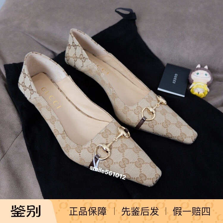 Gucci Women's Sand-Colored Vittoria Horsebit Monogram Logo Shallow Square-Toe Casual High Heels