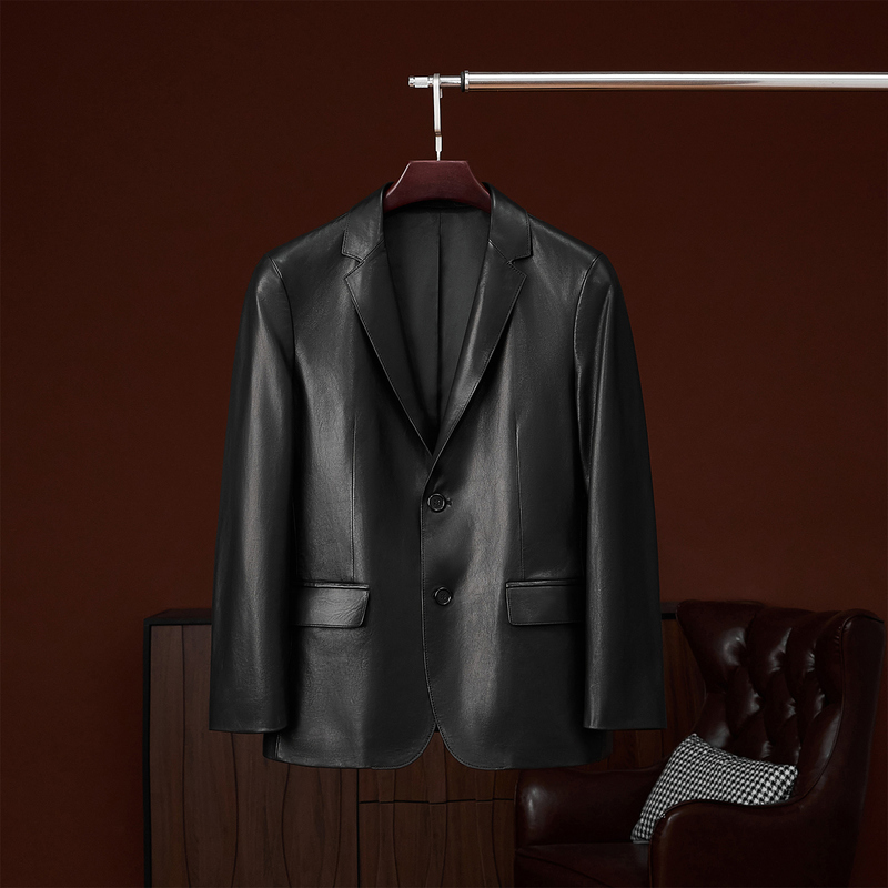 Lp Imported First-Layer Goatskin Suit Jacket for Men, Business Casual, Black Two-Button Genuine Leather Slim-Fit Suit